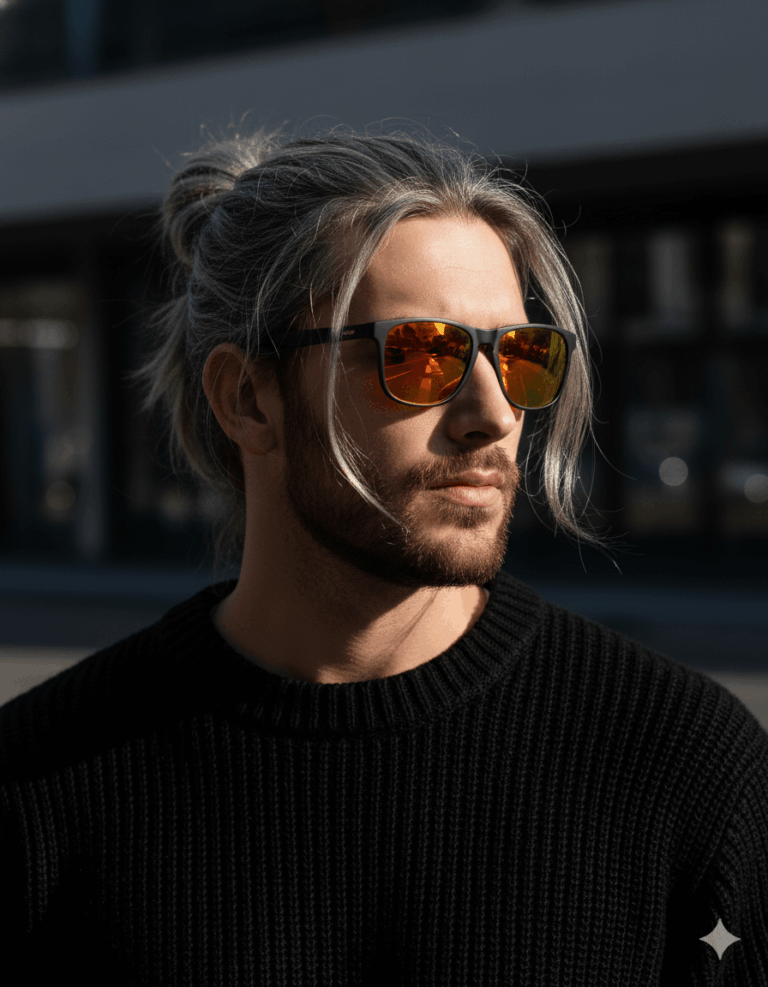 Gemini Generated Image: A man with long, grey hair tied in a bun is wearing black, rectangular sunglasses with orange mirrored lenses. He has a beard and is wearing a black knitted sweater. He is looking to the side in the sunlight.