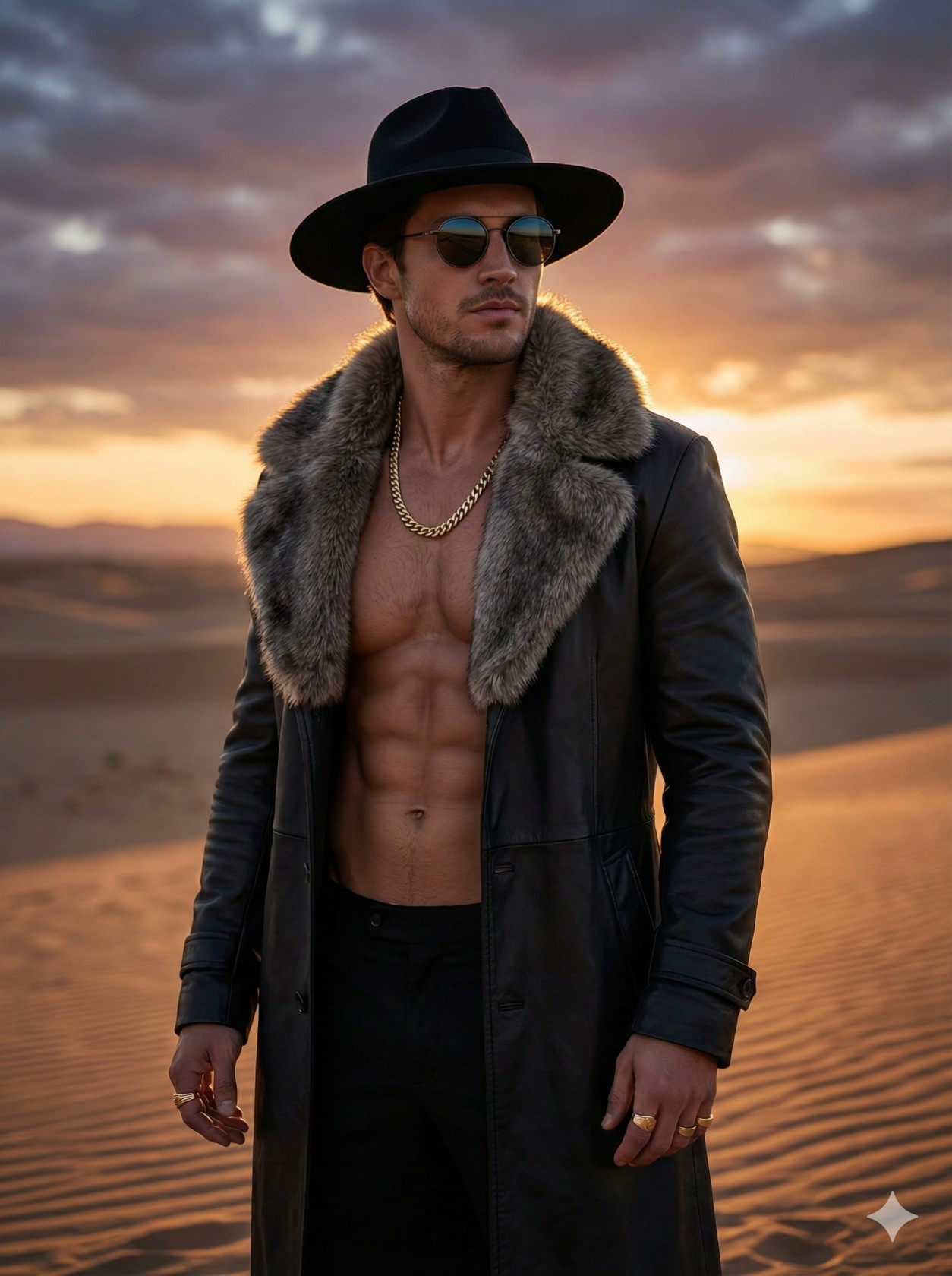 Gemini AI Generated Image: A photorealistic medium shot of a muscular man posing in a desert landscape during a golden sunset. He wears a long, black leather coat with a thick fur collar, which hangs open to reveal his bare chest and defined abdominal muscles. His accessories include a black wide-brimmed hat, dark round sunglasses, a thick gold chain necklace, and gold rings. The background features rolling sand dunes and a sky filled with dramatic clouds illuminated by the setting sun.