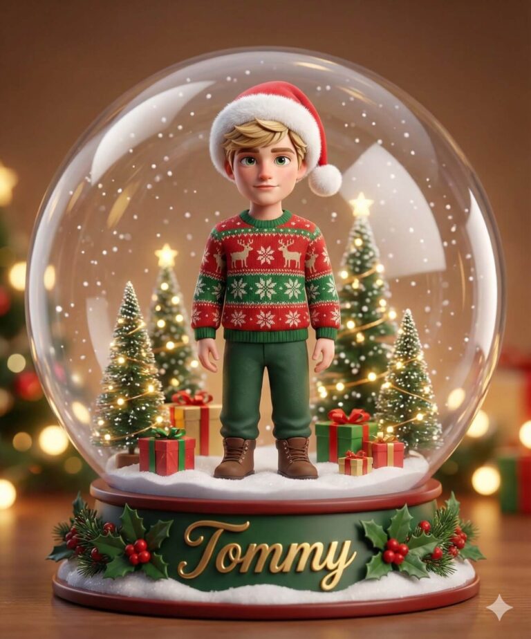 Gemini AI Generated Image: A 3D animated-style snow globe features a young boy character inside. The boy has blonde hair, green eyes, and is wearing a red and white Santa hat, a red and green patterned Christmas sweater with reindeer and snowflakes, green pants, and brown boots. He stands in snow surrounded by small decorated Christmas trees and wrapped gifts. Snowflakes are falling within the glass sphere. The red base of the snow globe is decorated with green holly leaves and red berries, and has the name "Tommy" written in gold script. The background is a warm, out-of-focus scene with Christmas lights and wrapped presents.