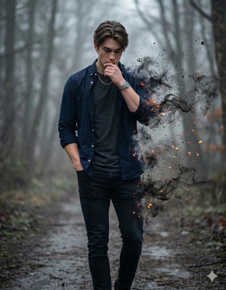 Gemini AI Generated Image: a young man with brown hair, wearing a dark blue shirt and jeans, walking along a dirt path in a foggy winter forest. He is looking down thoughtfully, with his hand near his chin. The right side of his body, from his arm down to his leg, is dramatically disintegrating into a swirling cloud of black smoke and fiery orange embers that float away into the misty air, creating a surreal and melancholic atmosphere.