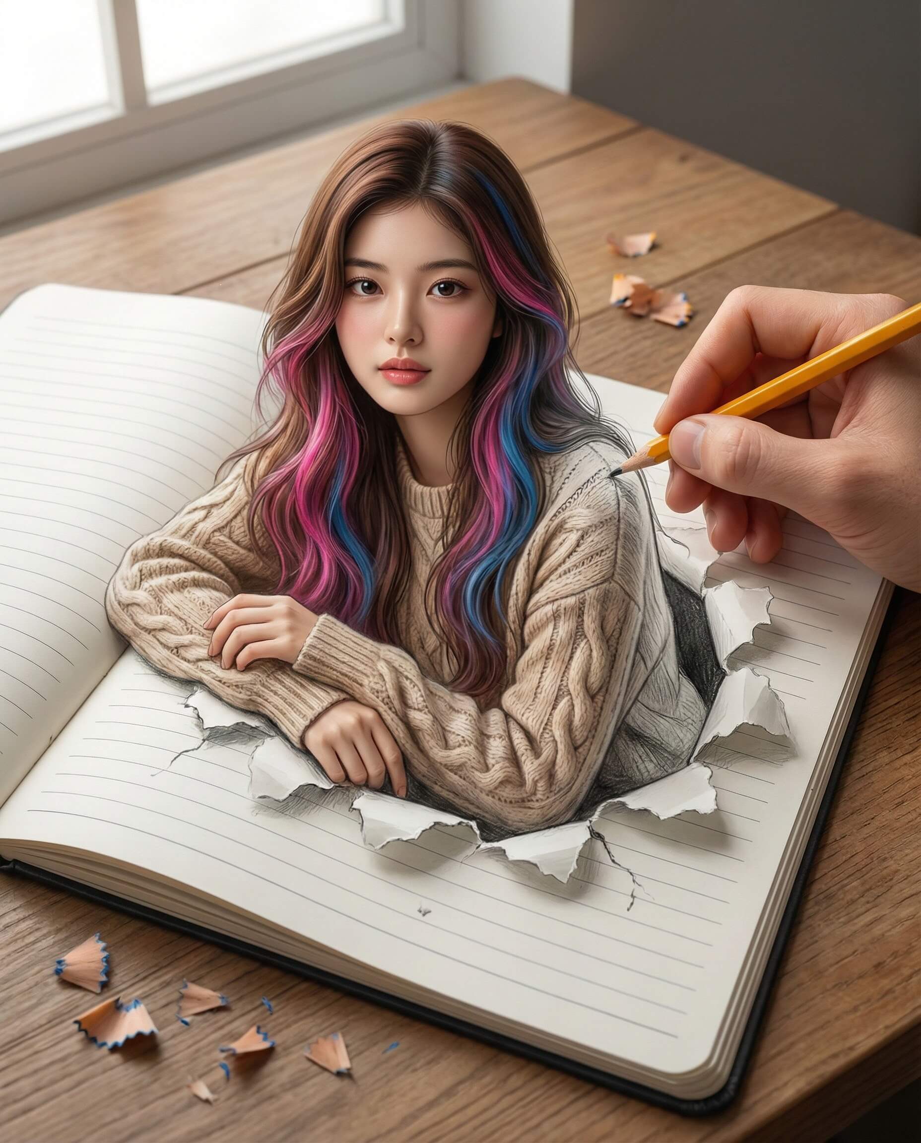 Gemini Generated Image: A drawing of a young woman with pink and blue streaked hair wearing a knit sweater appears to be coming out of a hole in a lined notebook. A hand is holding a yellow pencil near the drawing.