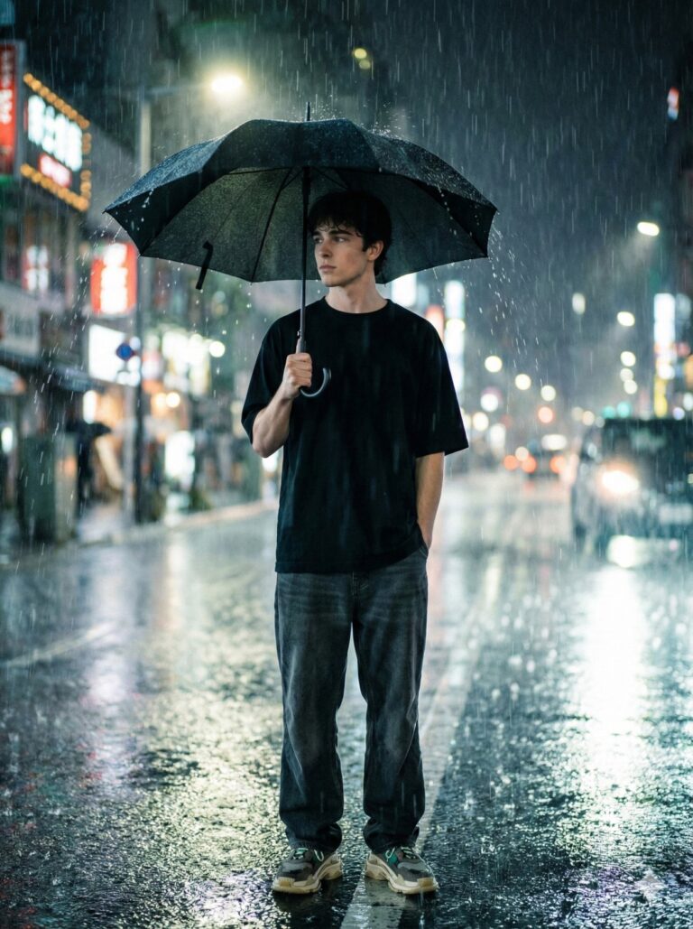Gemini AI Generated Image: In a downpour, a young man stands centrally in the middle of a wet asphalt street at night, holding a black open umbrella over his head. He wears a black crewneck t-shirt, dark grey baggy jeans, and chunky sneakers. His gaze is directed towards the left, away from the camera. The street is slick with water, reflecting the blurred neon signs, streetlights, and car headlights of the urban environment in the background. Rain streaks down heavily, visible against the dark, illuminated backdrop of storefronts and buildings. The atmosphere is melancholy and reflective, with the warm glow of the city lights contrasted by the cold rain.