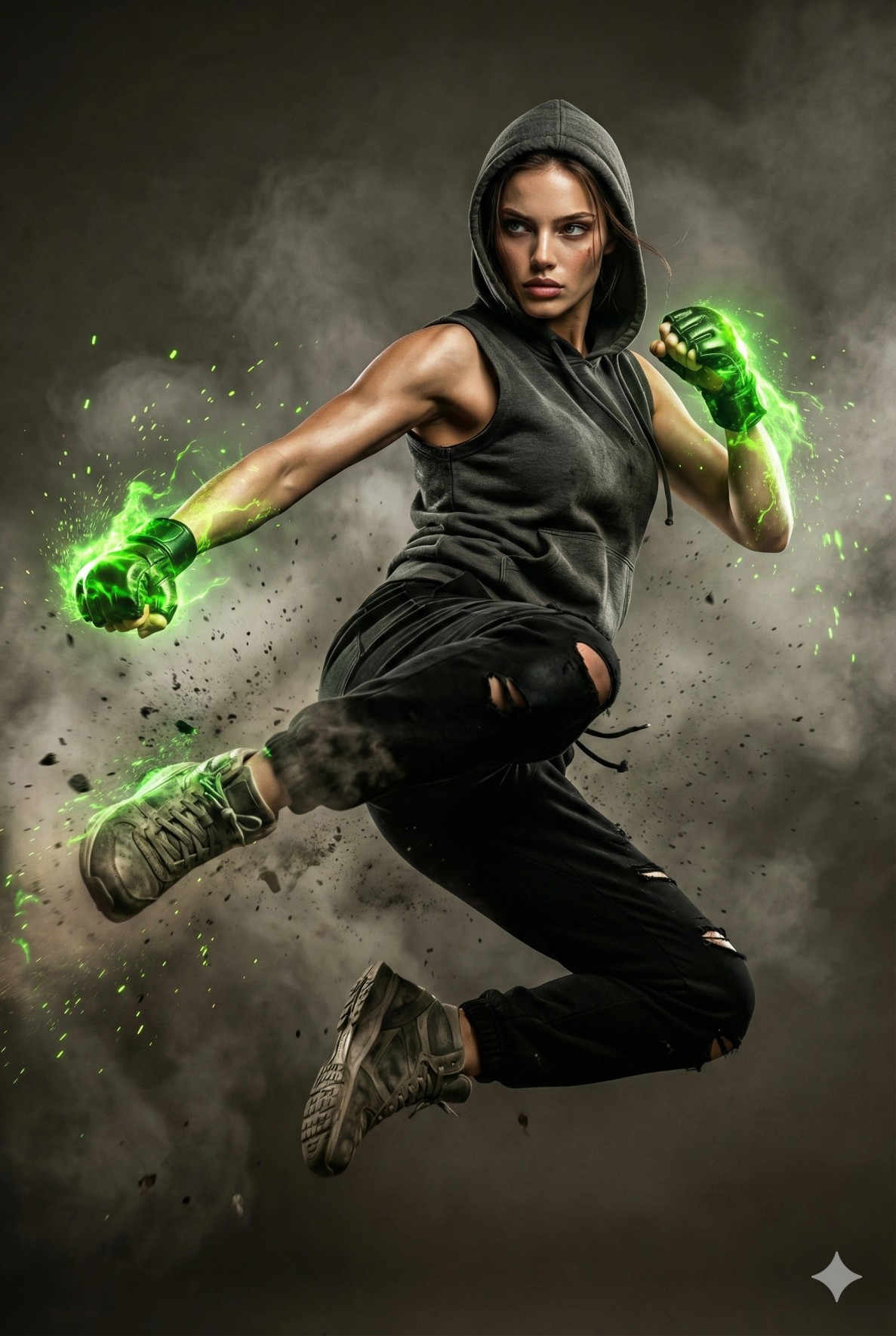 Gemini AI Generated Image of a Hooded female fighter leaps mid-air, fists surging with green energy amidst gritty smoke.