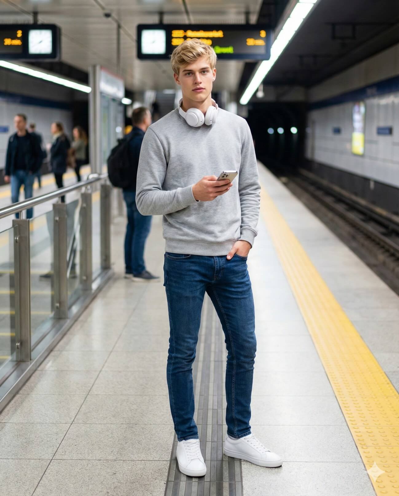 Gemini AI Generated Image: A realistic full-body photo of a young man with blonde hair standing on a subway platform. He is wearing a grey sweatshirt, blue jeans, and white sneakers, with white headphones resting around his neck, and is holding a smartphone in his hand.