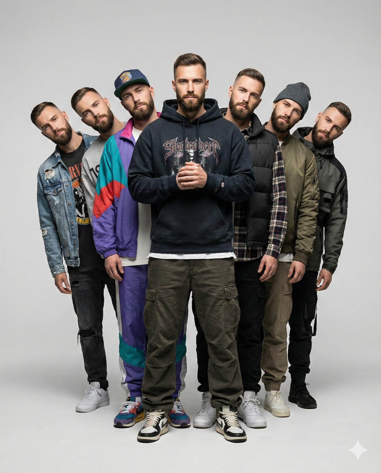 Gemini AI Generated Image of a Seven identical bearded men pose in varied streetwear styles against a white background.