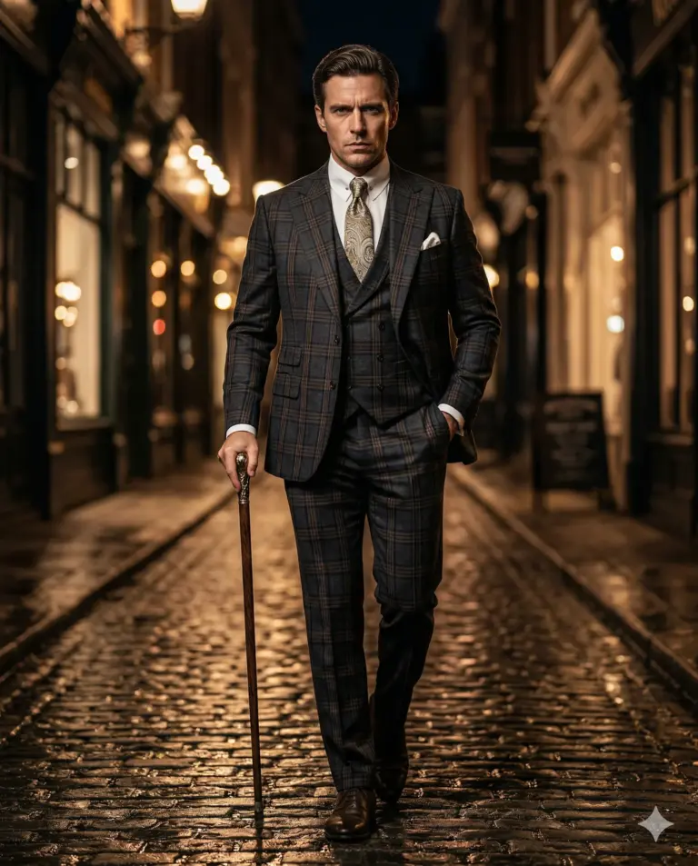 Man in Plaid Suit with Cane AI Photo Editing Prompt. AI generated cinematic portrait of a well-dressed man walking along a cobblestone street at night holding an ornate cane.
