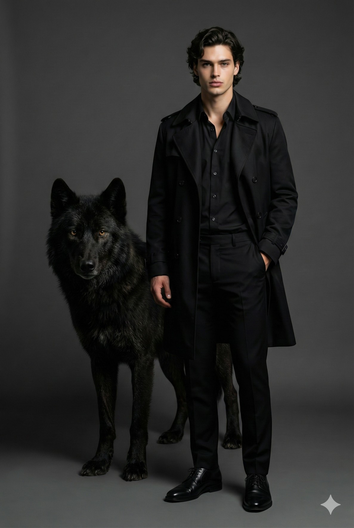 Gemini AI Generated Image of A stylish man in a black trench coat stands beside a large black wolf.