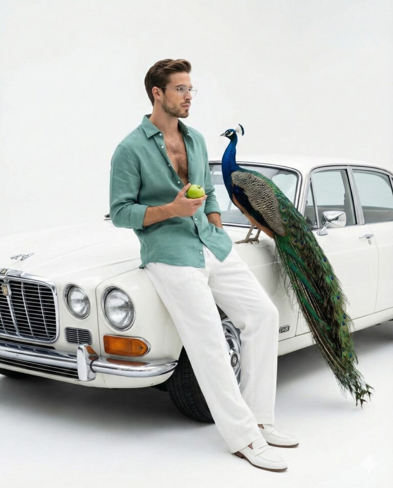 Gemini AI Generated Image: A man in a sage green linen shirt and white trousers leans against a vintage white car. He holds a green apple and looks to the right, where a peacock with long tail feathers is perched on the car's hood. The background is a clean, solid white.