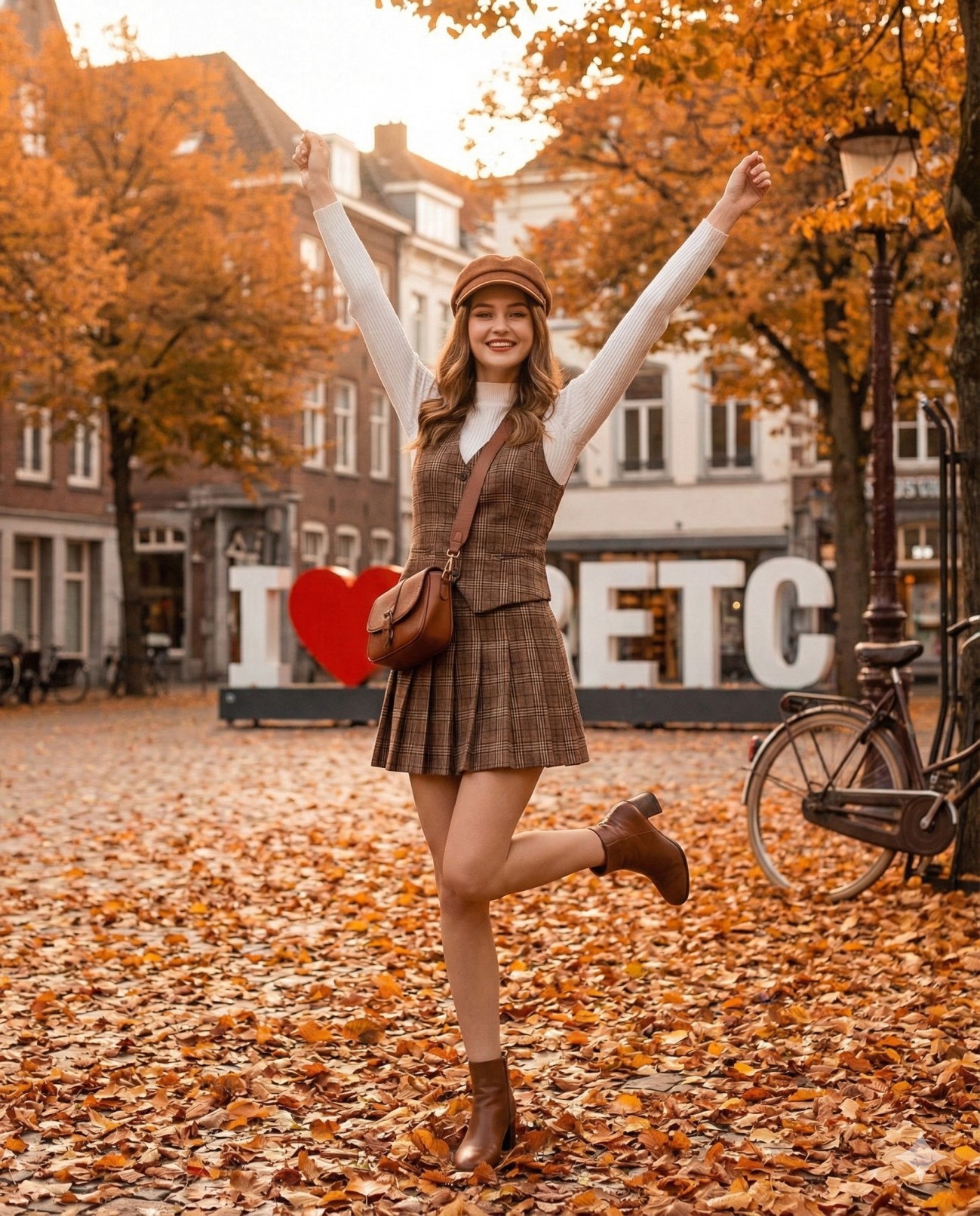 Gemini AI Generated Image: A full outdoor eye-level shot of a happy young woman, smiling and posing playfully with her arms raised and left leg bent back, standing in an autumn-leaf-covered square in a European city. She wears a brown plaid vest over a white turtleneck, a matching plaid mini skirt, brown ankle boots, a brown newsboy cap, and a brown crossbody bag. In the background, there is a large "I ❤️ ETC" sign, brick buildings, and trees with orange leaves. A bicycle is partially visible on the right. The lighting is warm and golden, suggesting late afternoon. The ground is thick with fallen leaves, and the architecture and trees are bathed in warm, golden hour light.