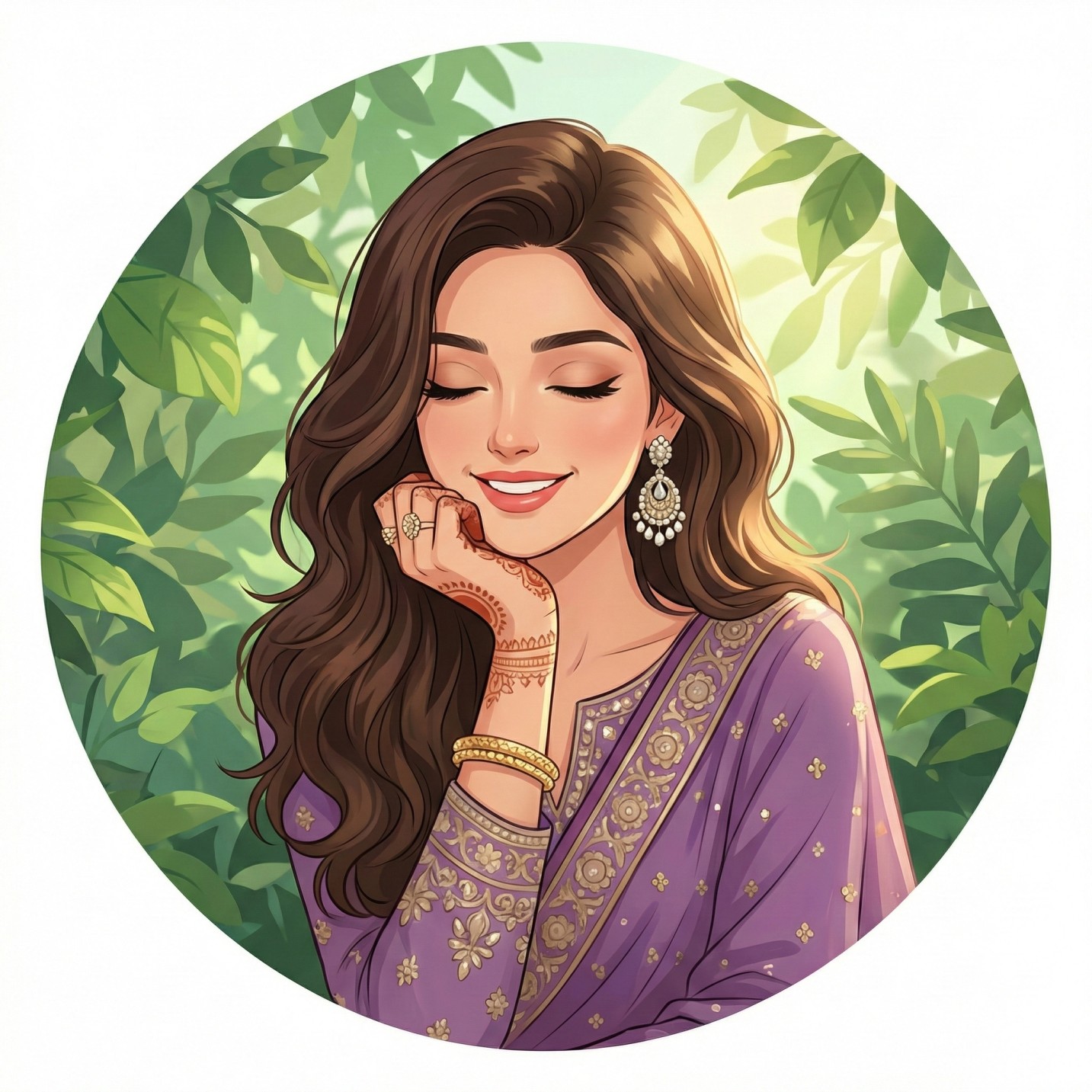 Gemini AI Generated Woman in purple saree with henna, smiling against a leafy background in a circular illustration.
