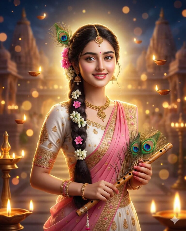 Gemini AI Generated Image: A hyper-realistic digital illustration of a smiling young woman in traditional Indian attire, reminiscent of Radha. She wears a white blouse with gold embroidery and a pink drape, adorned with gold jewelry including a necklace, earrings, and a maang tikka. Her long braid is decorated with white jasmine and pink flowers, with a peacock feather tucked into her hair. She holds a bamboo flute and peacock feathers in her hands. The background is filled with a warm, golden glow, featuring floating oil lamps (diyas) and blurred temple silhouettes, creating a festive and divine atmosphere.