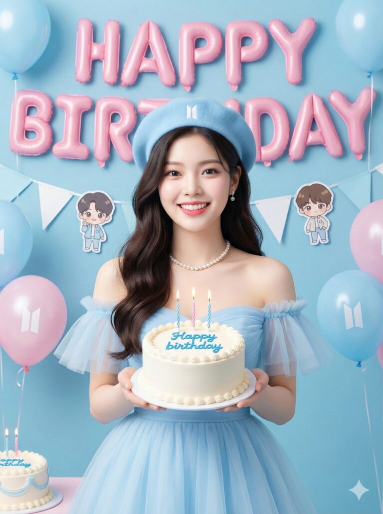 Gemini AI Generated Image: a young woman celebrating a birthday with a distinct K-pop theme. The smiling subject wears a light blue beret featuring a white logo, paired with a matching off-the-shoulder tulle dress and a simple pearl necklace. She holds a white frosted cake decorated with blue text and three lit candles. The festive background is a solid soft blue, dominated by large pink foil balloons spelling "HAPPY BIRTHDAY" across the top. Additional decorations include pastel pink and blue balloons, some displaying the same logo, and a bunting banner featuring cute cartoon illustrations of boy band members. The scene radiates joy through its soft lighting and cohesive pastel color palette, perfectly depicting a fan-centric celebration.