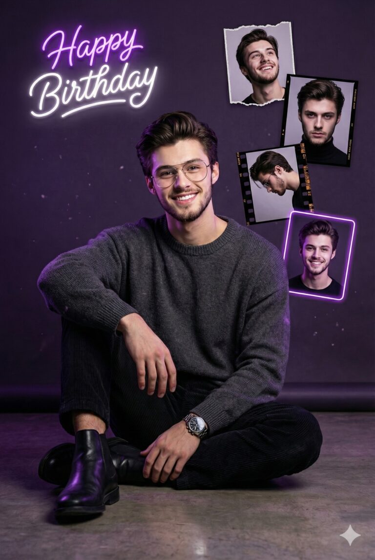 Gemini AI Generated Image: A premium-style birthday portrait features a young man seated on the floor against a deep, matte purple background accented with subtle floating particles. The central subject, who has styled brown hair, a short beard, and thin wire-rimmed glasses, sits in a relaxed pose with his left knee raised and hands clasped, displaying a silver watch. He wears a dark grey ribbed knit sweater, dark textured trousers, and black leather Chelsea boots, offering a warm, confident smile to the camera. In the upper left corner, "Happy Birthday" is written in a bright, glowing purple neon script. To the upper right, a creative collage of four smaller headshots displays the same man in various expressions—including a profile view and a direct gaze—framed by artistic elements like torn paper edges, film strips, and a neon border.
