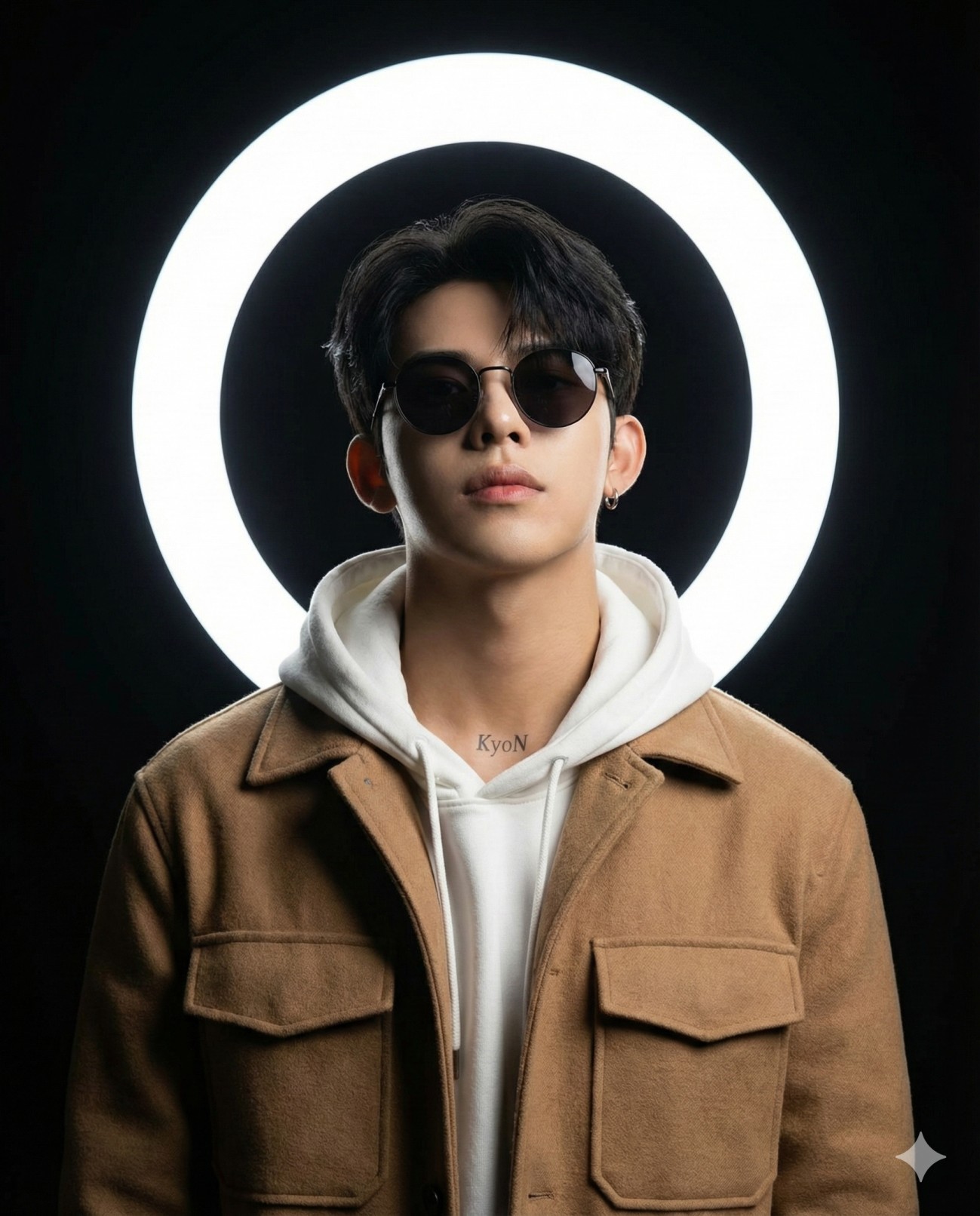 Gemini AI Generated stylish, cinematic studio portrait of a young man set against a stark black background. He is wearing a white hoodie layered underneath a tan, suede-style jacket and sports round, dark sunglasses. A small tattoo reading "KyoN" is visible on the center of his neck. The composition is defined by a bright, white ring light positioned directly behind his head, creating a dramatic halo effect that contrasts sharply with the darkness and highlights his modern streetwear aesthetic.