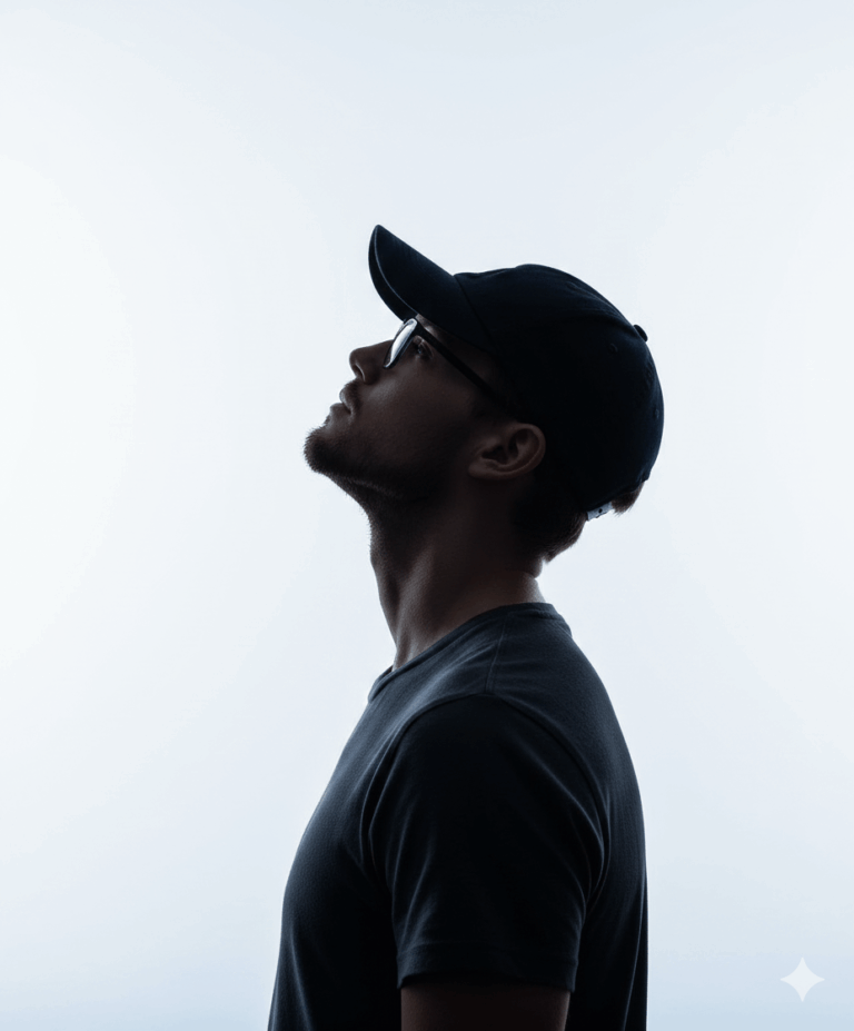 Gemini AI Generated Image: A silhouette photograph from the side shows a person, likely a man with a short beard, looking directly upwards. He is wearing a dark baseball cap, glasses, and a dark t-shirt, all rendered in black against a bright, overcast white sky. His profile is sharply defined, showing his chin tilted high.