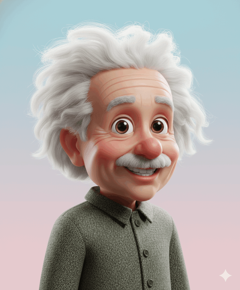 Gemini Generated 3D cartoon rendering of an older man with wild white hair and a mustache, smiling broadly. He is wearing a grey collared shirt. The background is a soft blend of light blue and pink. It strongly resembles a caricature of Albert Einstein.