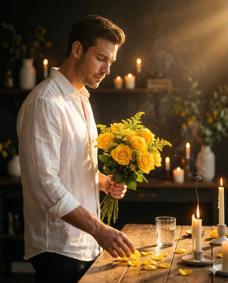 Gemini AI Generated Image: A side-profile view of a man in a white button-down shirt standing in a dimly lit, romantic room. He holds a large bouquet of bright yellow roses in one hand while reaching toward loose petals on a rustic wooden table, illuminated by warm candlelight and a soft beam of sunlight.