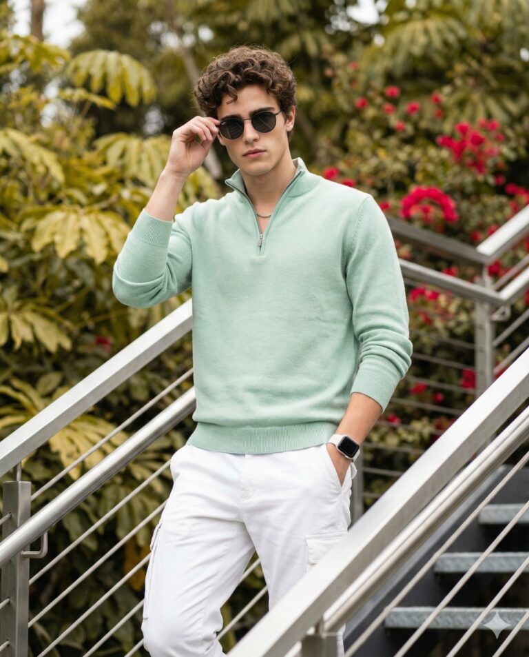 Gemini AI Generated Image: A medium shot of a stylish young man with wavy brown hair standing on a metal staircase outdoors. He is wearing a mint green quarter-zip sweater, white cargo pants, a white smartwatch, and dark round sunglasses, which he is adjusting with his right hand while his left hand rests in his pocket. The background is softly blurred, featuring lush green foliage and vibrant red flowers.