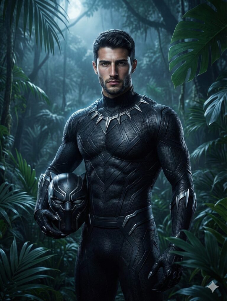 Gemini AI Generated Image: A hyper-realistic, cinematic portrait features a muscular man standing confidently amidst a dense, moonlit jungle environment. He is wearing a highly detailed, form-fitting black bodysuit reminiscent of the Black Panther superhero costume, characterized by intricate woven textures, geometric patterns, and a distinctive silver claw-tooth necklace. The subject has short, dark hair, a well-groomed beard, and maintains a serious, intense gaze directed forward. In his right hand, he holds a matching matte black helmet with silver accents. The setting is lush with large tropical leaves framing the figure, and the scene is illuminated by cool, atmospheric lighting that highlights the texture of the suit and creates a moody, heroic ambiance.
