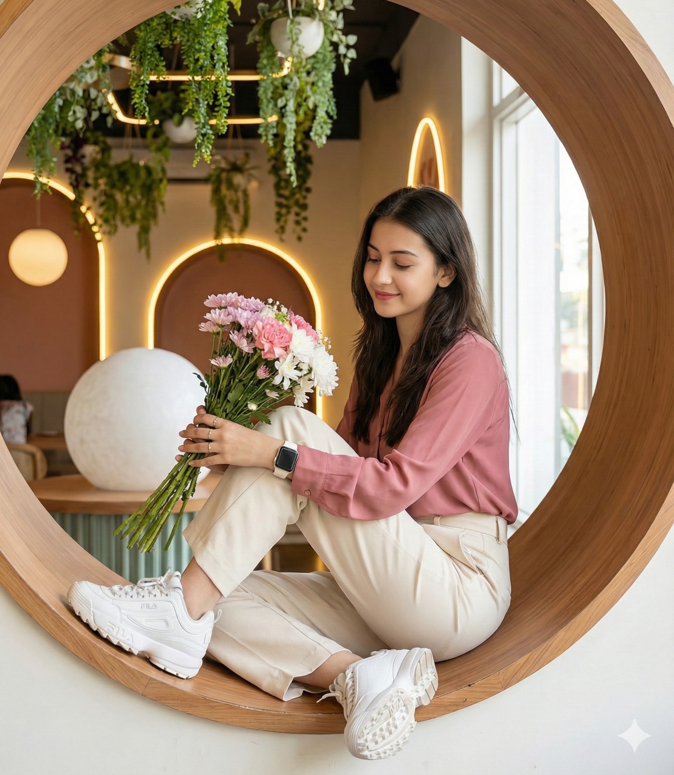 Gemini Generated Image: A young woman is sitting in a round, wooden window frame inside a cafe, holding a bouquet of pink and white flowers. She is wearing a pink shirt, beige pants, and white chunky sneakers.