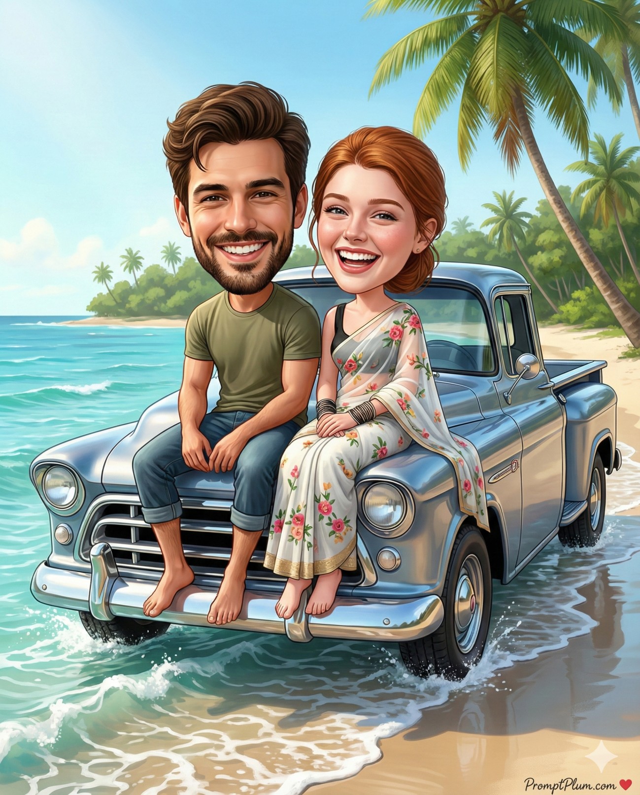 Gemini AI Generated Image: 3D caricature of a smiling couple on a vintage blue truck at a tropical beach. The woman wears a floral saree, the man a green t-shirt. Sunny ocean backdrop with palm trees.
