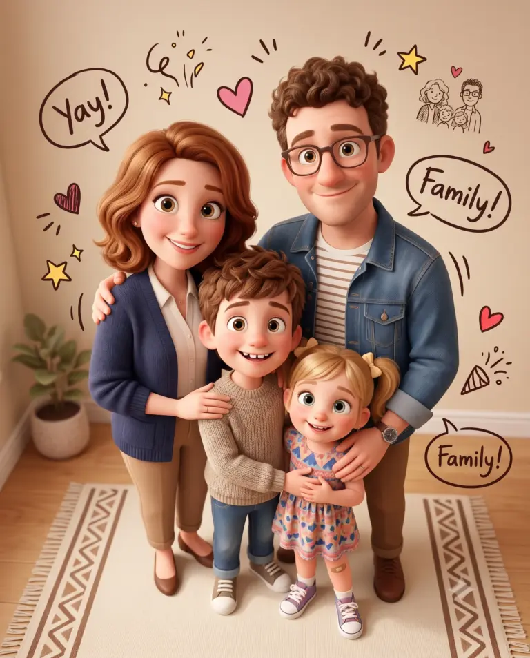 Doodle-Adorned 3D Family Portrait AI Photo Editing Prompt. AI generated stylized digital illustration of a smiling four-member family with hand-drawn annotations and text bubbles including 'Yay!' and 'Family!'.