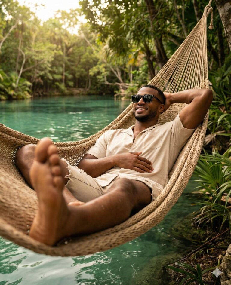 Gemini Generated Image of A smiling man is enjoying a perfect, peaceful moment, relaxing in a rope hammock. He is wearing sunglasses and light-colored clothes, surrounded by a lush tropical setting with clear, beautiful green-blue water beneath him.