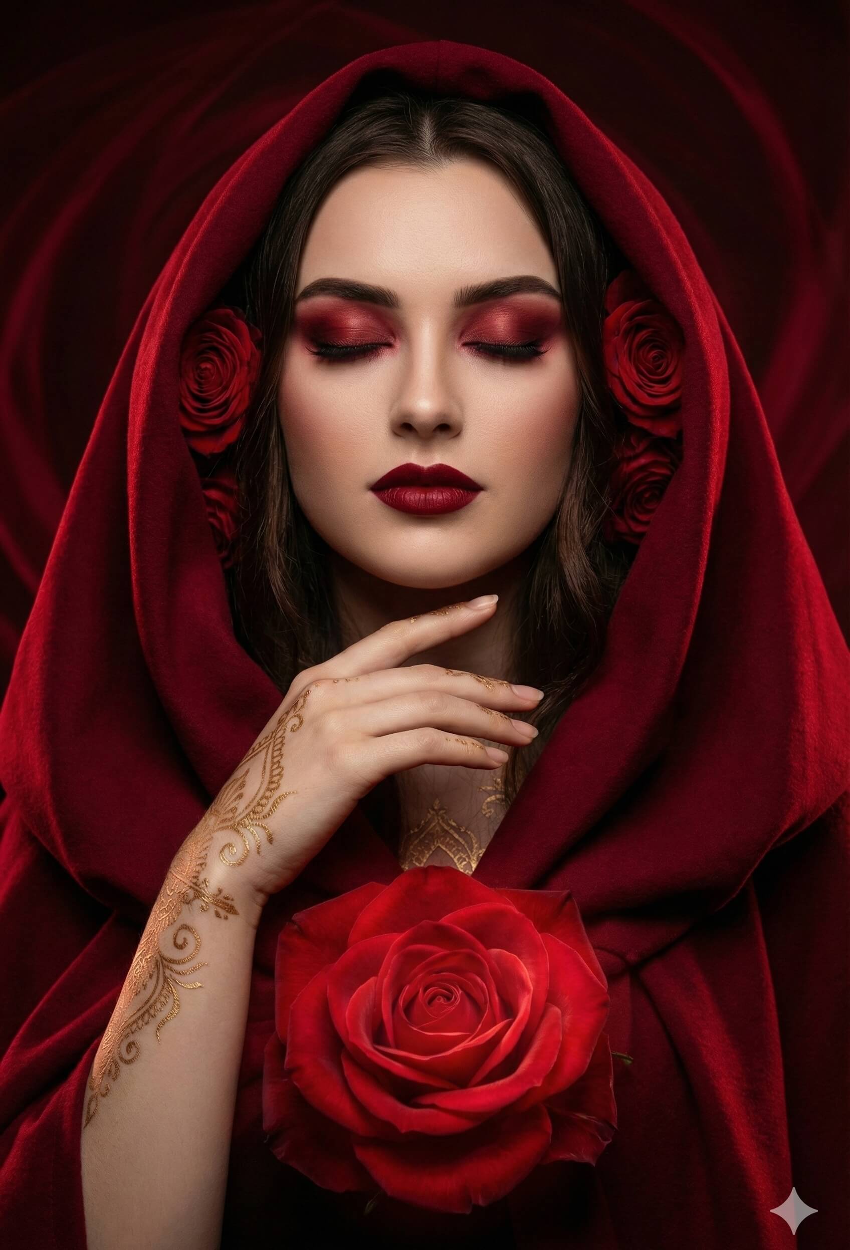 Gemini Generated Image: a striking portrait of a woman with her eyes closed, enveloped in a deep red hood and surrounded by red roses. She has dramatic red makeup and lipstick, and her right hand displays gold henna or temporary tattoos. She holds a single, large red rose near her chest. The overall feeling is one of romance, mystery, and intense color.