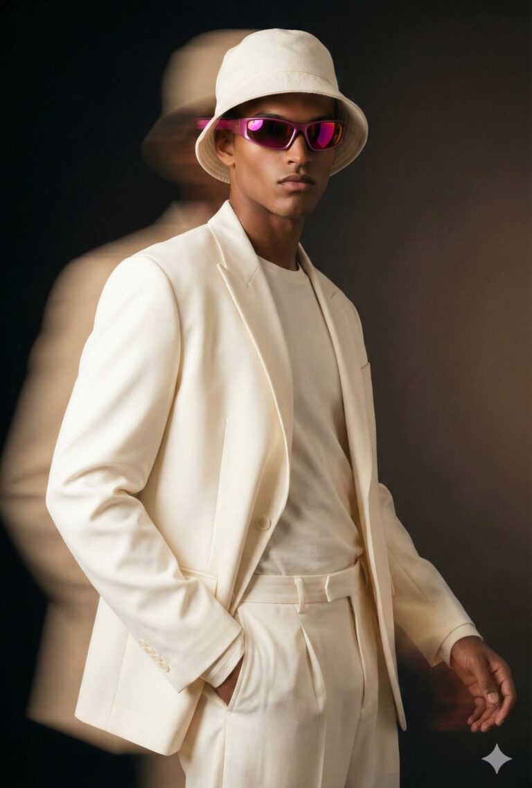 Gemini Generated Image of A man wearing an all-white suit, including a blazer, t-shirt, and trousers, is posing with one hand in his pocket. He is also wearing a white bucket hat and bright pink/purple futuristic sunglasses. There is a blurry, shadowy duplicate image trailing behind him on a dark background.