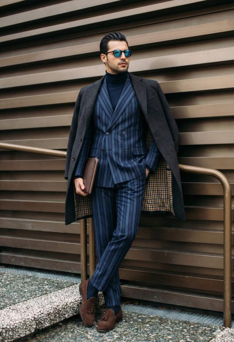Gemini Generated Image: A stylish man in a navy pinstripe double-breasted suit and a dark turtleneck is standing, with a charcoal overcoat draped over his shoulders. He is wearing sunglasses and brown suede tassel loafers, and he is holding a brown leather folio or clutch. The background is a brown, slatted wall.