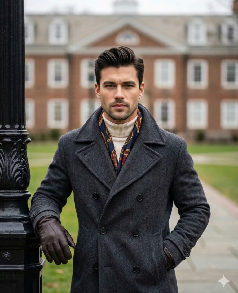 Gemini Generated Image: A well-dressed man wearing a grey peacoat, a cream turtleneck, a patterned scarf, and brown leather gloves stands outdoors. He is posing in front of a large, classic brick building (like a university or manor).