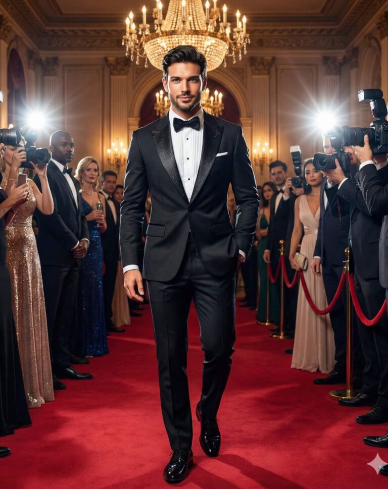 Gemini Generated Image: A well-dressed man in a tuxedo and bow tie is walking down a red carpet. He is surrounded by people, including photographers taking pictures with bright flashes. The scene looks like a formal event or movie premiere.