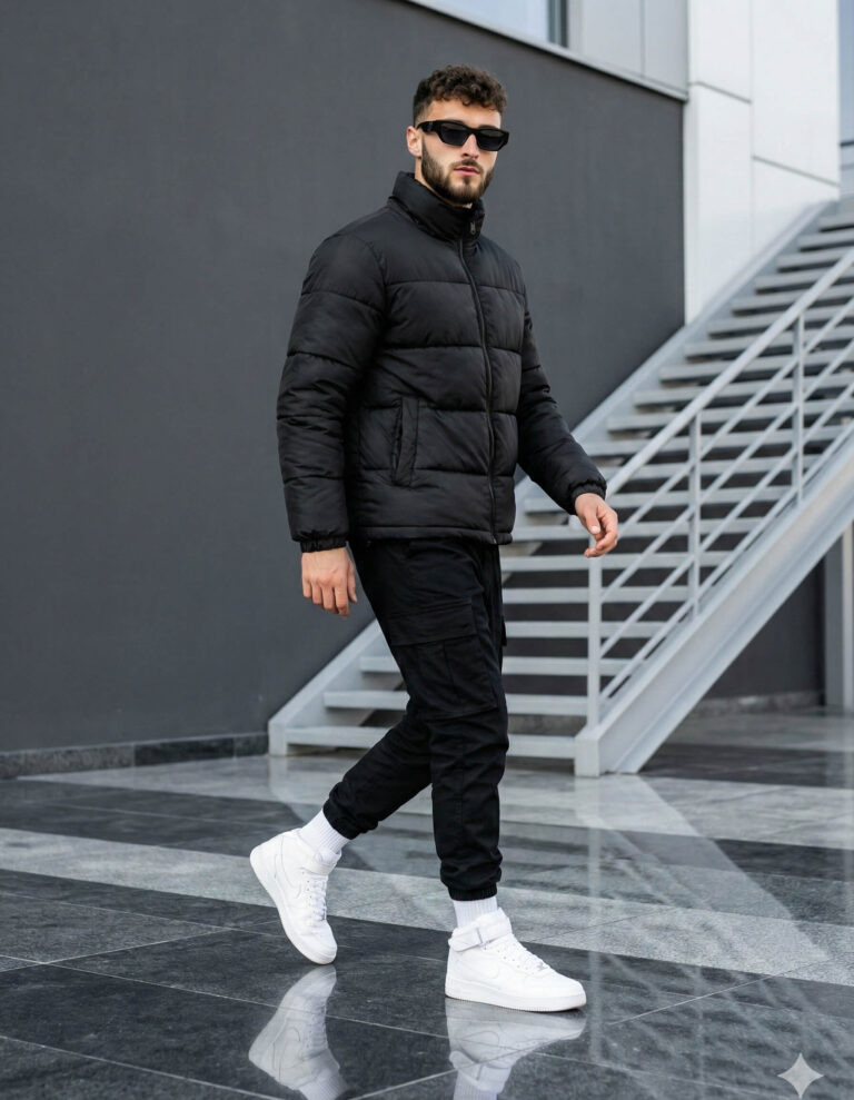 Gemini generated Image: A man is walking in an all-black outfit—a puffer jacket and cargo pants—with contrasting white high-top sneakers and socks. He is wearing dark sunglasses and walking past a dark gray wall and a light gray metal staircase.