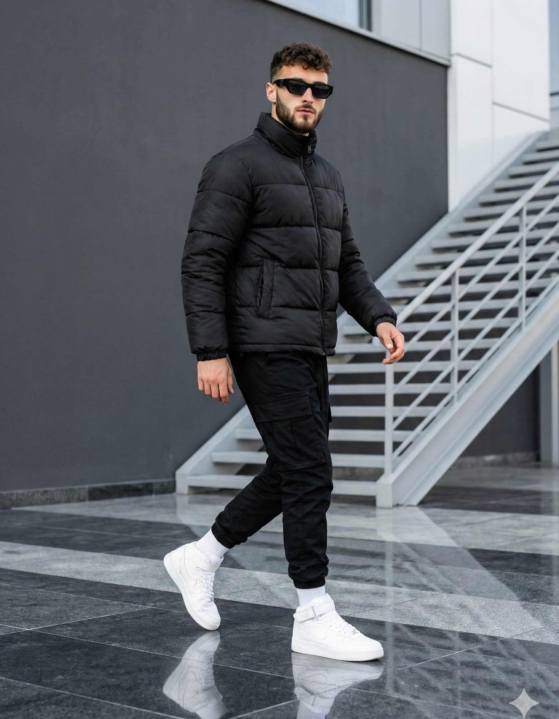 Gemini generated Image: A man is walking in an all-black outfit—a puffer jacket and cargo pants—with contrasting white high-top sneakers and socks. He is wearing dark sunglasses and walking past a dark gray wall and a light gray metal staircase.
