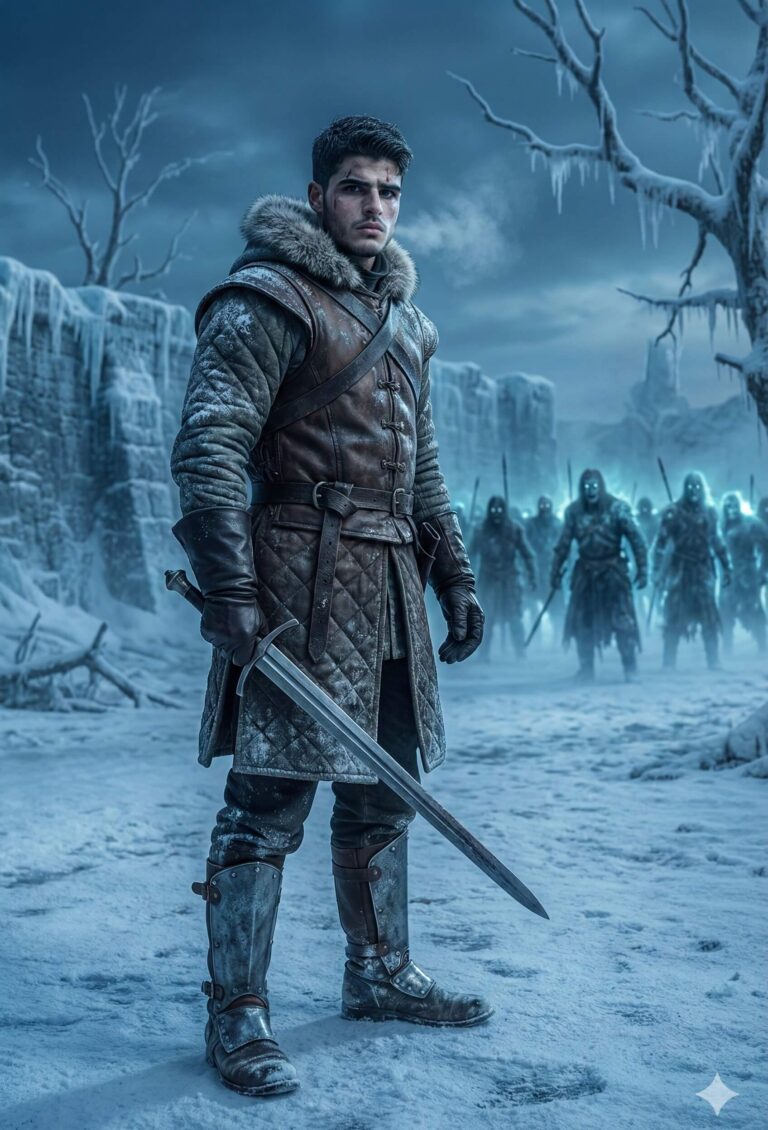 Gemini Generated Image: a warrior standing in the snow. Behind him, several scary figures with glowing blue eyes are walking through the fog. They look like ice zombies.