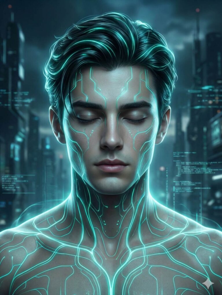 Gemini Generated Image: A digital art of a man with his eyes closed, featuring glowing, teal-colored circuit lines across his face, neck, and upper body, set against a dark, futuristic city background. He looks like a cyborg or AI entity.