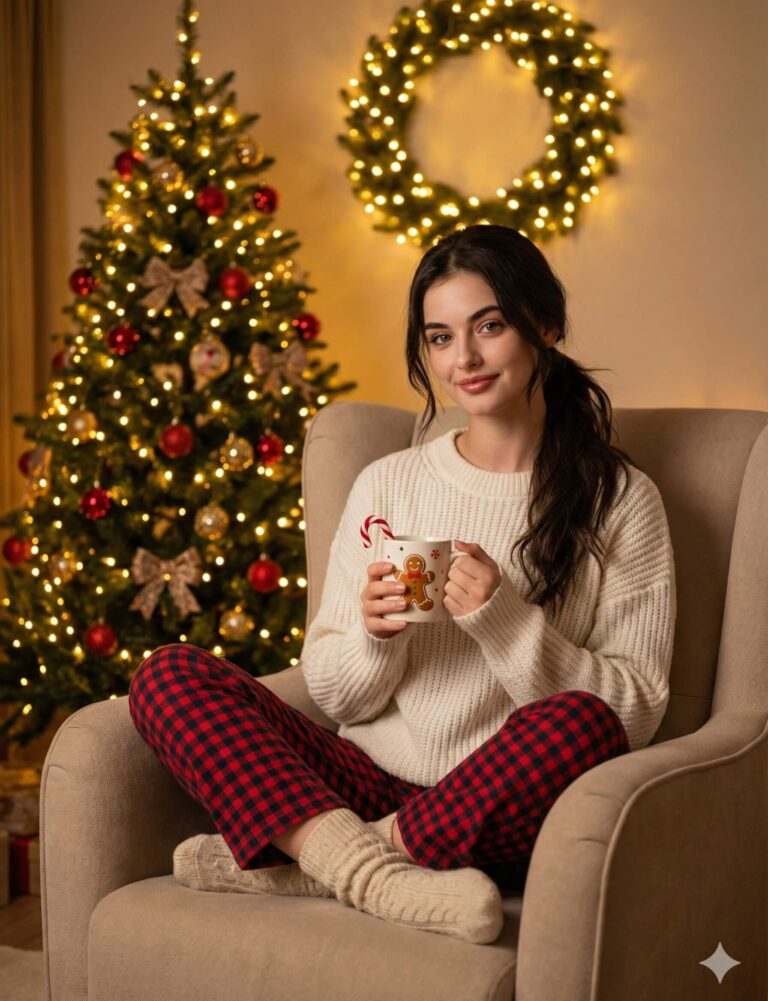 Gemini Generated Image: A young woman in a cozy, Christmas-themed setting. She is sitting in an armchair, wearing a white sweater, red and black plaid pajamas, and warm socks, holding a gingerbread-themed mug with a candy cane. A decorated Christmas tree and an illuminated wreath are in the background.