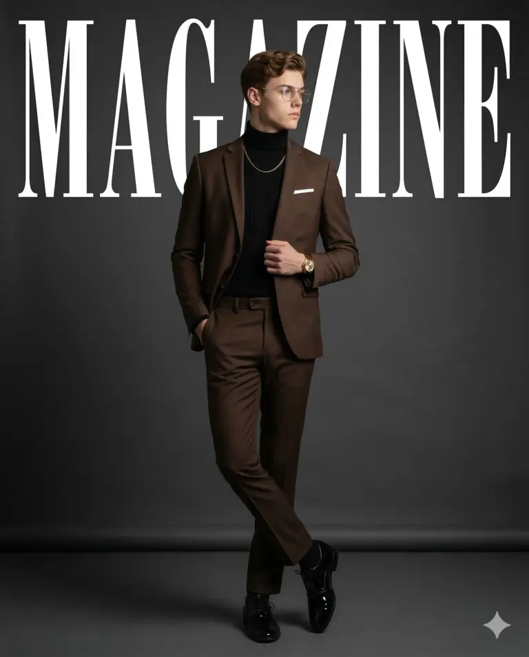 Man in Brown Suit Magazine Style Photo Editing Prompt. AI generated studio portrait of a young man wearing a brown suit and black turtleneck posing against a dark grey background with "MAGAZINE" text.