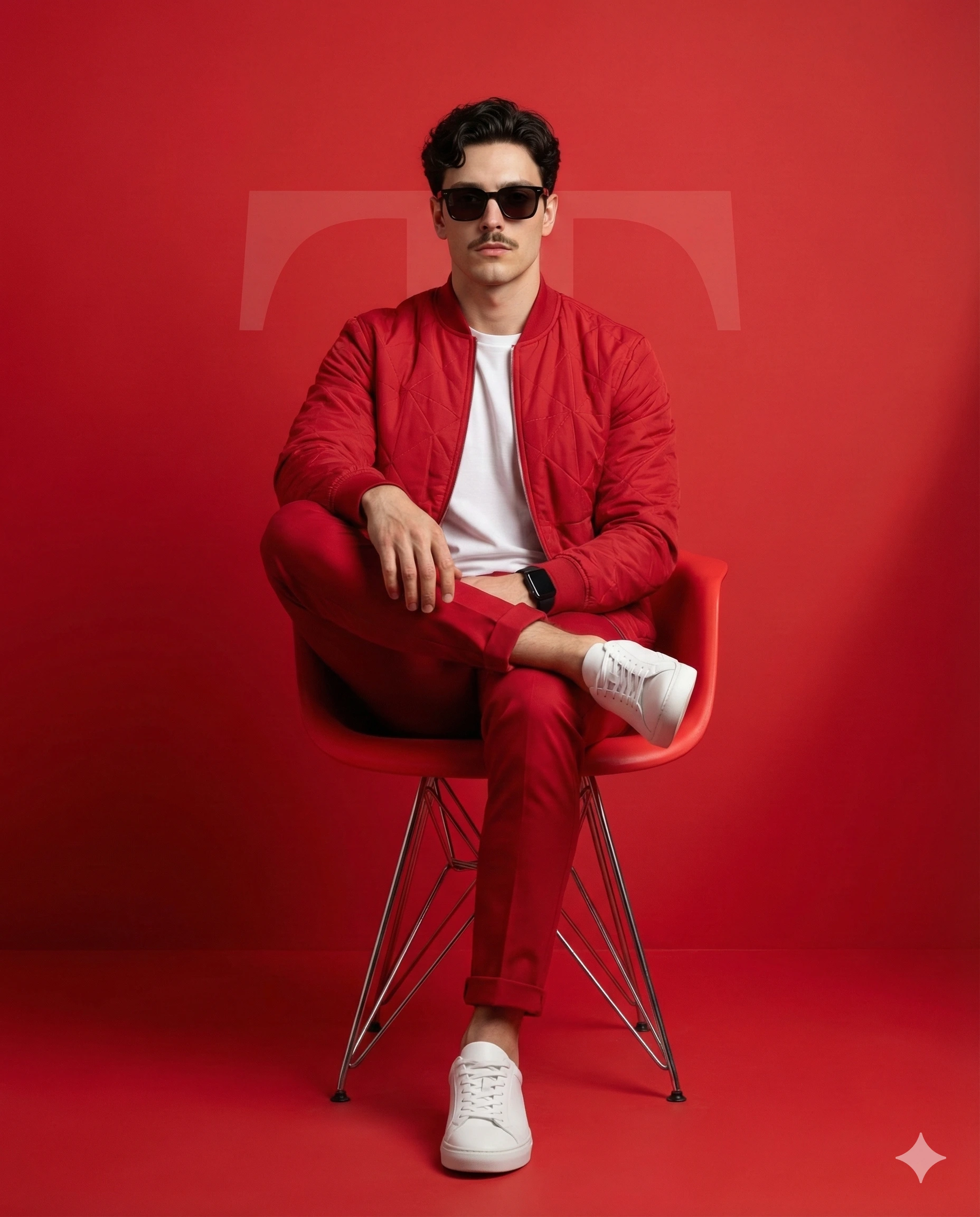 Man in Red Outfit and Sunglasses AI Photo Editing Prompt. AI generated studio portrait of a man in a red quilted jacket, red trousers, and white sneakers sitting on a red chair against a solid red background.