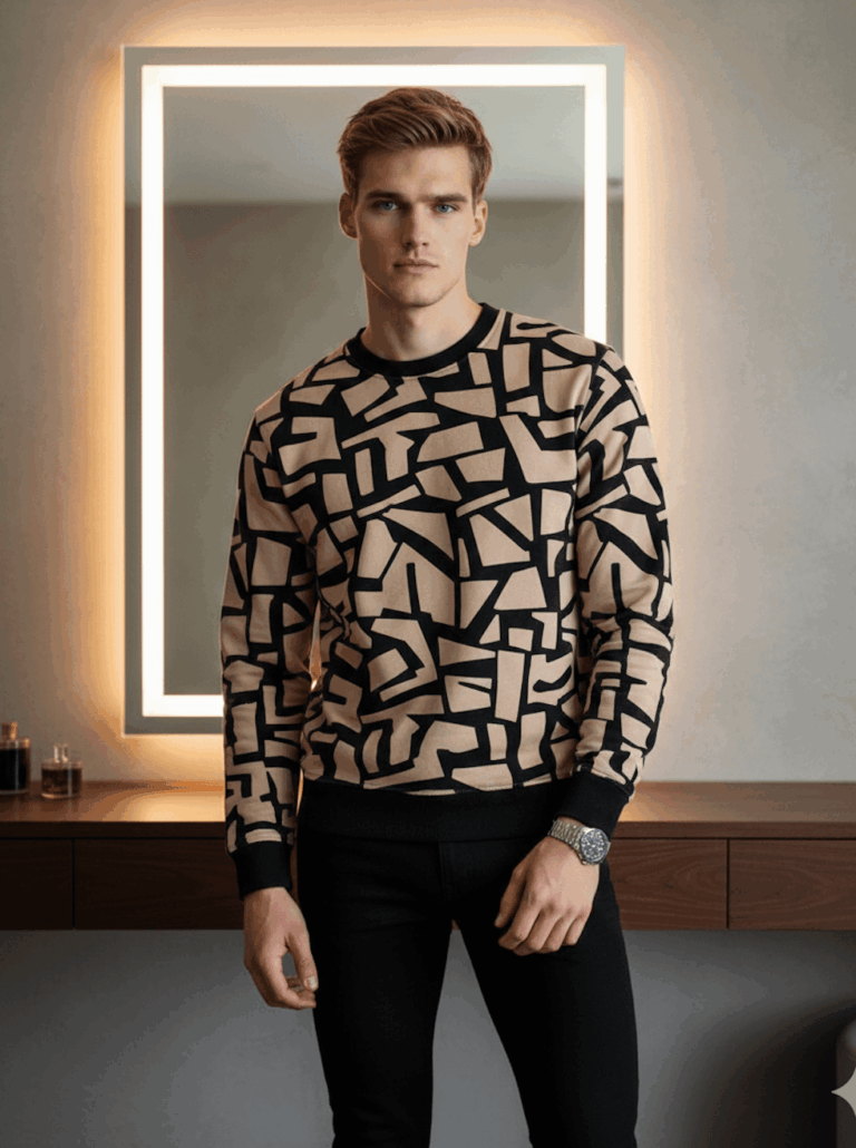 Gemini Generated Image: A man with light hair is standing, wearing a black and beige patterned sweater and black pants. He is looking directly at the camera. There is a rectangular, backlit mirror behind him, and a dark wooden vanity/counter.