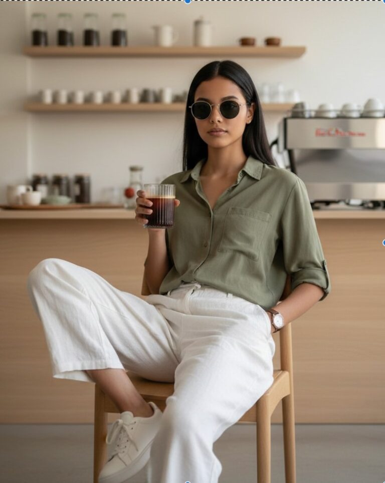 Gemini AI Generated Image: A stylish woman wearing round sunglasses, an olive-green button-down shirt, and loose white pants sits cross-legged on a wooden chair in a minimalist cafe, holding a glass of dark iced coffee.