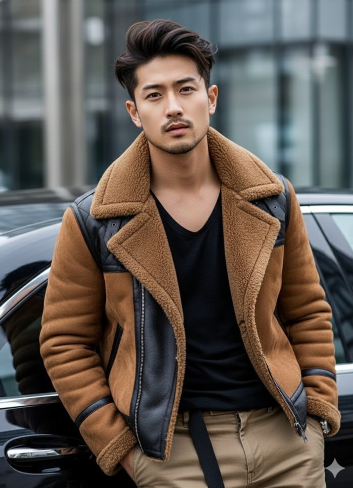 Gemini AI Generated Image: A handsome young Asian man with styled, voluminous dark hair and a light goatee leans against a black car. He is wearing a stylish tan shearling aviator jacket with black leather accents and a thick fleece collar over a black V-neck shirt and khaki pants. The background shows a modern building with large glass windows.