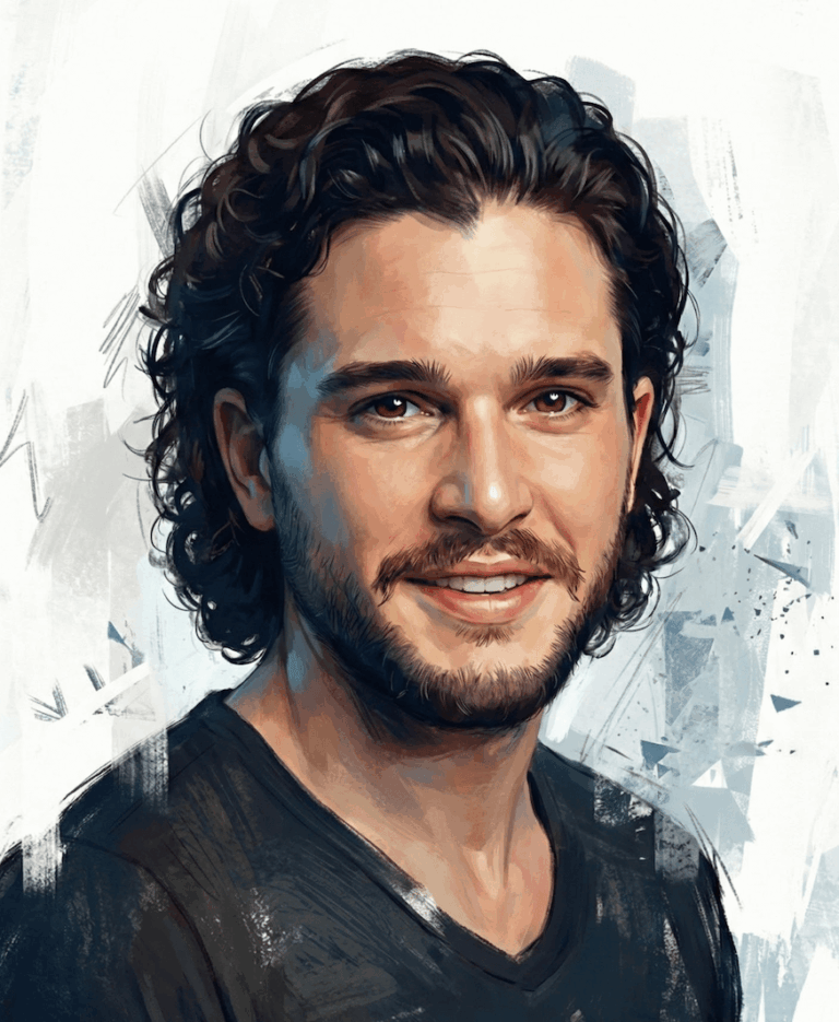 Gemini AI Generated Image: a stylized, digital portrait of a man with thick, dark, curly hair and a full beard, bearing a strong resemblance to the actor Kit Harington. He is depicted with a warm, approachable expression, featuring a gentle smile and brown eyes that look directly at the viewer. The artwork mimics the texture of an oil painting or concept art, utilizing visible, expressive brushstrokes and a palette that blends realistic warm skin tones with cool blue highlights in the shadows. He wears a simple black t-shirt, and the background is an abstract composition of white, light blue, and grey geometric shapes and painterly strokes that frame the subject without distracting from his face.