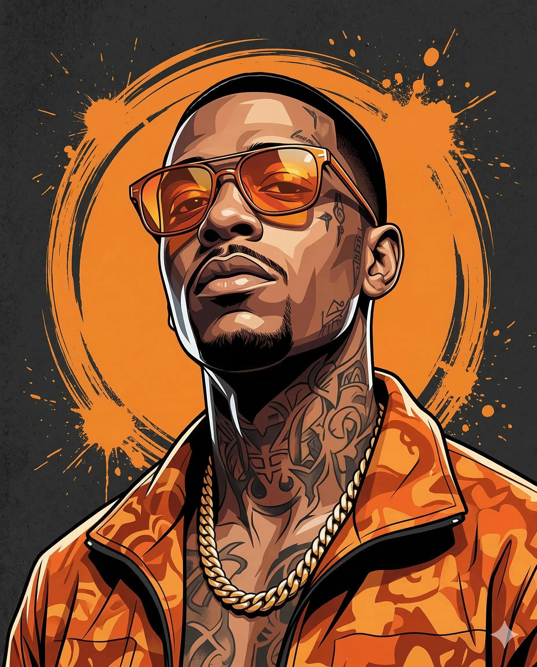 Stylish Man in Orange Gear AI Illustration Editing Prompt. AI generated digital illustration of a tattooed man wearing orange sunglasses and a gold chain against a vibrant circular orange splash.