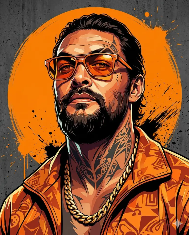 Tattooed Man in Orange Gear AI Illustration Editing Prompt. AI generated digital illustration of a bearded man with neck tattoos wearing orange-tinted sunglasses and a thick gold chain against a vibrant orange and grey backdrop.