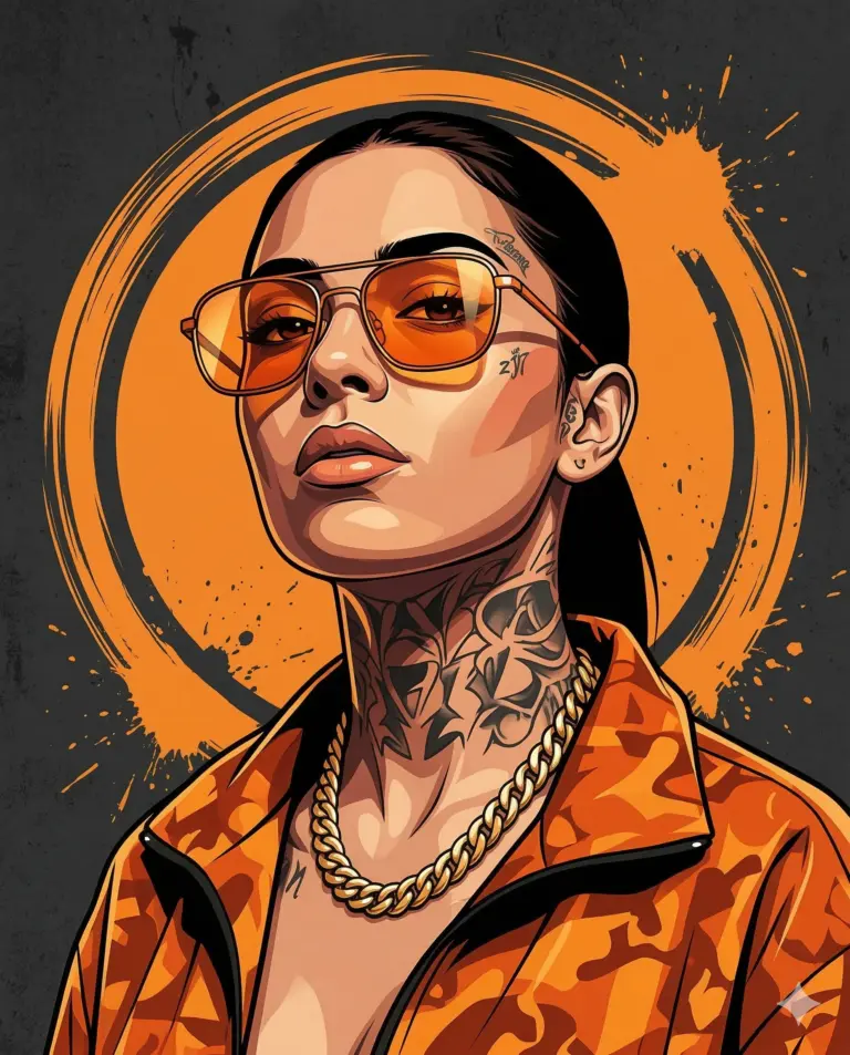 Tattooed Woman in Orange Camo AI Illustration Prompt. AI generated digital illustration portrait of a woman with neck tattoos, orange-tinted glasses, and a gold chain wearing an orange camo jacket.