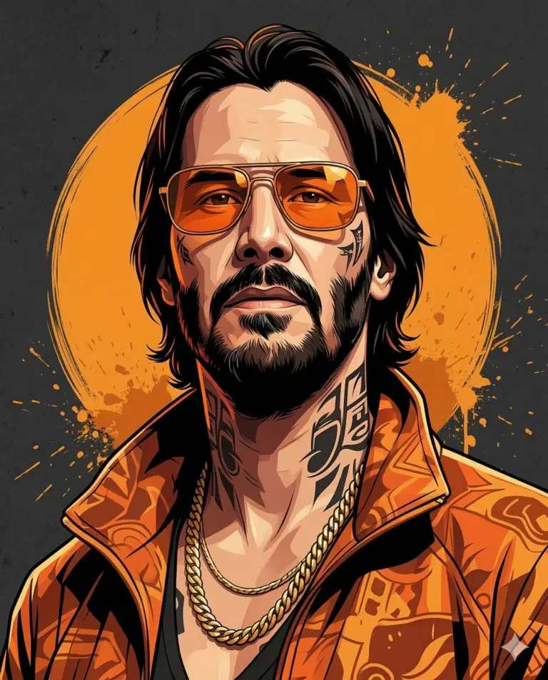 Tattooed Man in Orange Camo Digital Illustration Prompt. AI generated digital illustration of a bearded man with neck tattoos wearing orange aviator sunglasses and a patterned jacket.