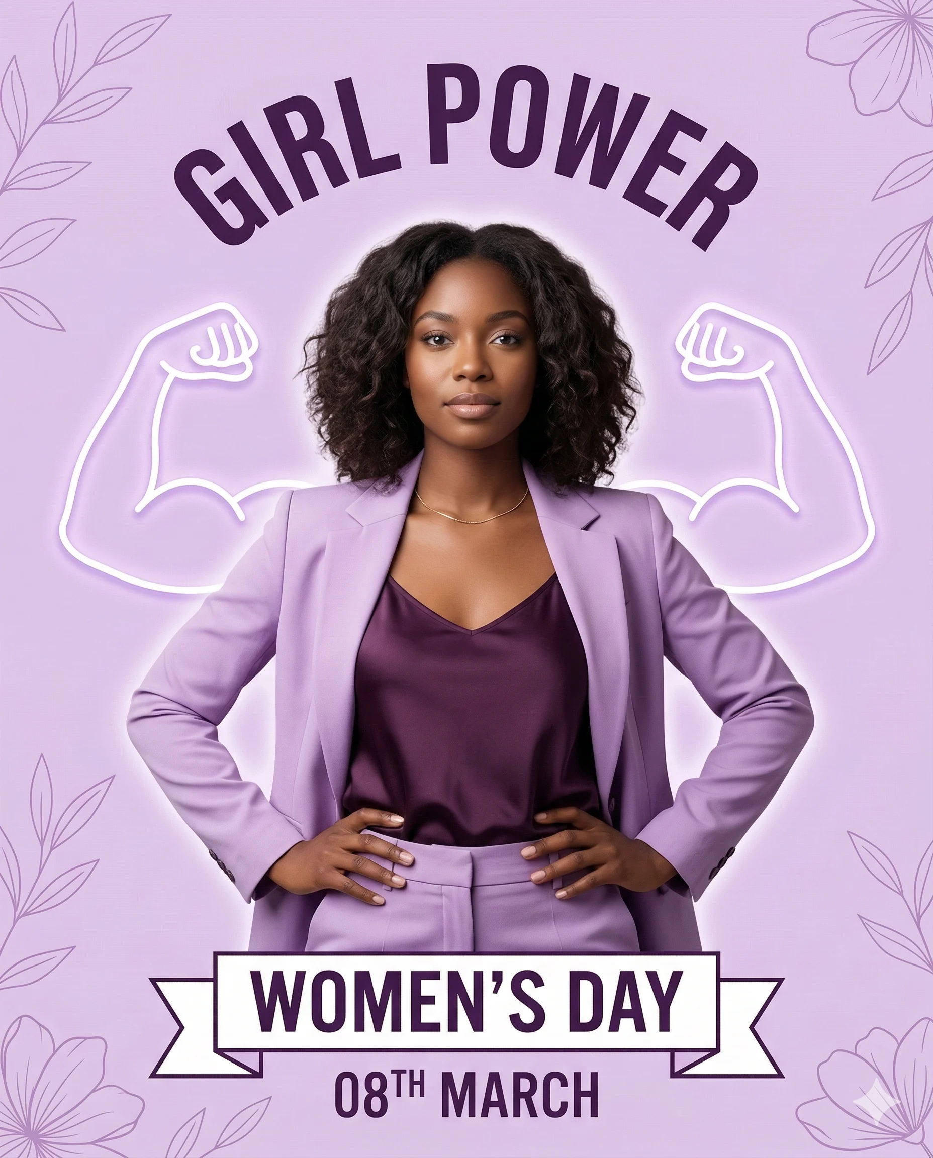 Women's Day Girl Power Poster AI Prompt. AI generated digital illustration of a confident woman in a purple suit with neon flexed arm outlines and International Women's Day text.