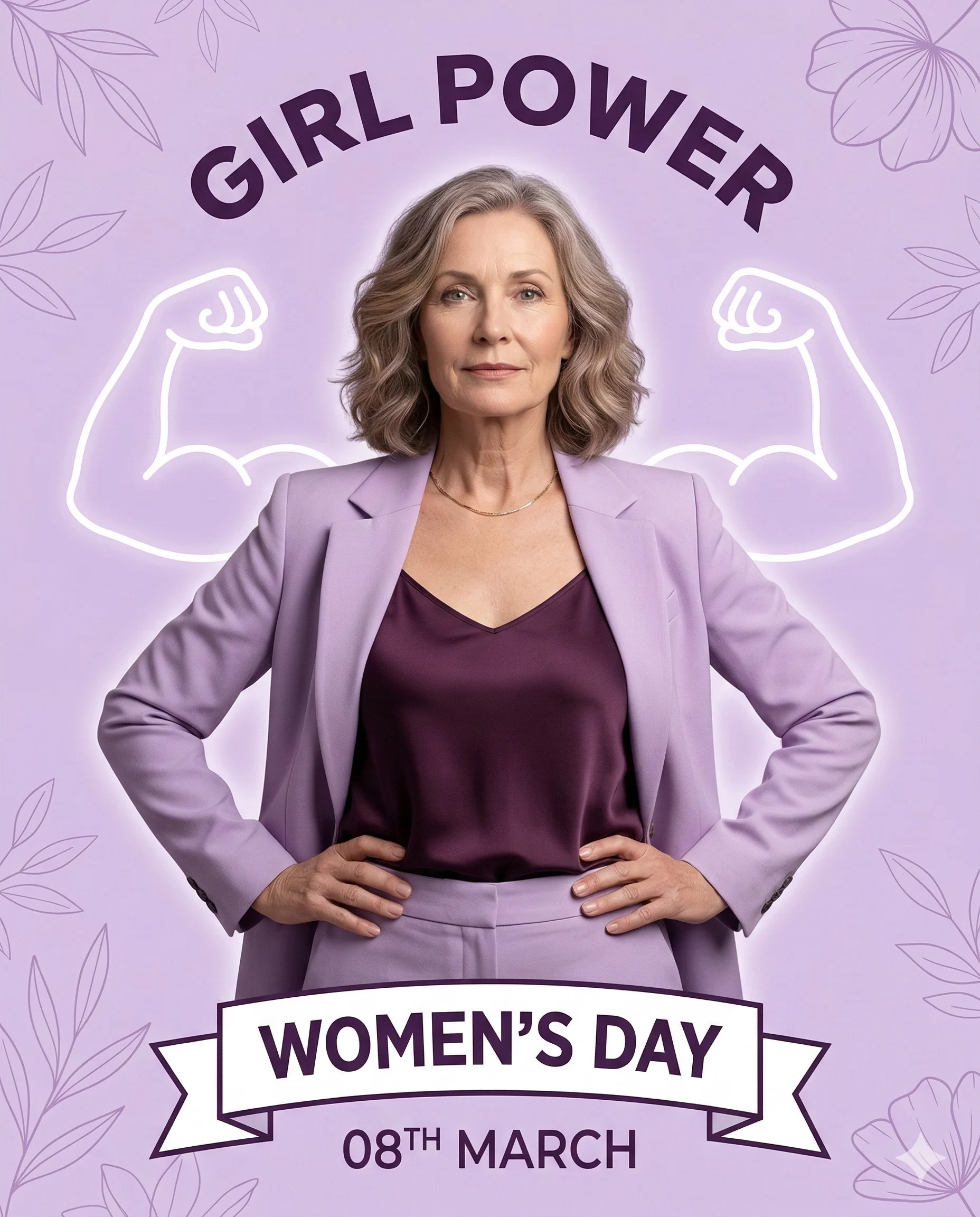 Women's Day Purple Suit Poster AI Photo Editing Prompt. AI generated digital illustration of a confident older woman in a lavender suit with neon flexed muscle outlines and "GIRL POWER" text for International Women's Day.