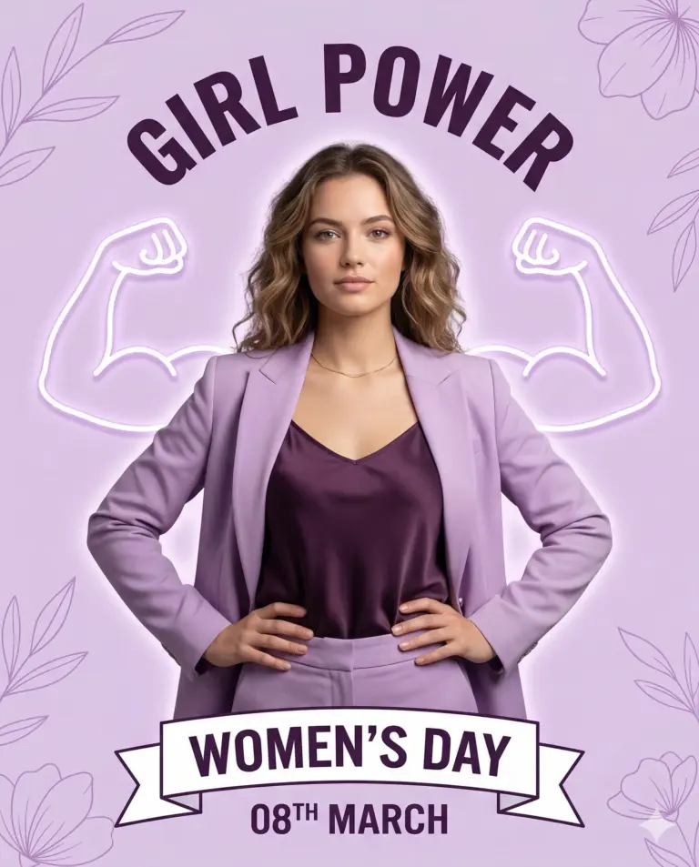 Girl Power Women's Day Poster AI Photo Editing Prompt. AI generated digital illustration poster of a woman in a purple suit standing confidently with neon flexing arm graphics and Women's Day text.
